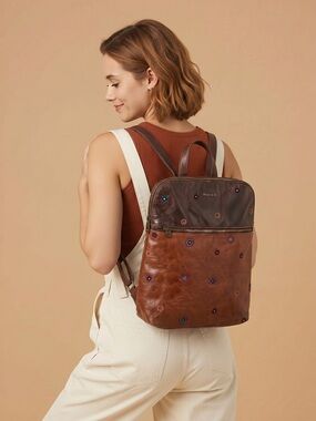 Desigual Brown Two-Tone Embroidered Leather Backpack 12.5in.x 14in.